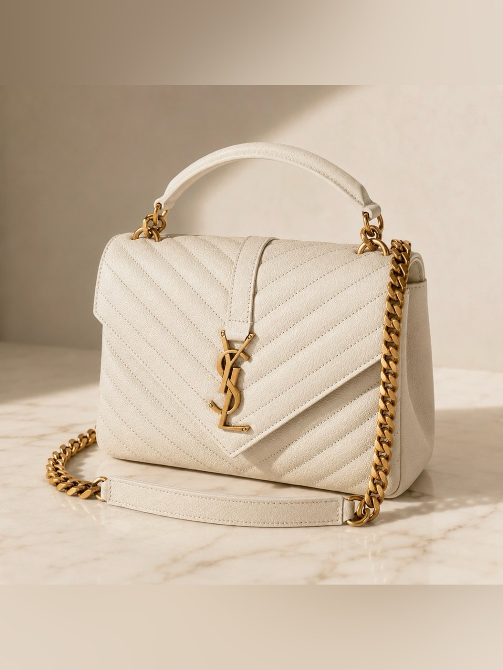 Saint Laurent Medium College Matelasse Cream Leather Shoulder Bag
